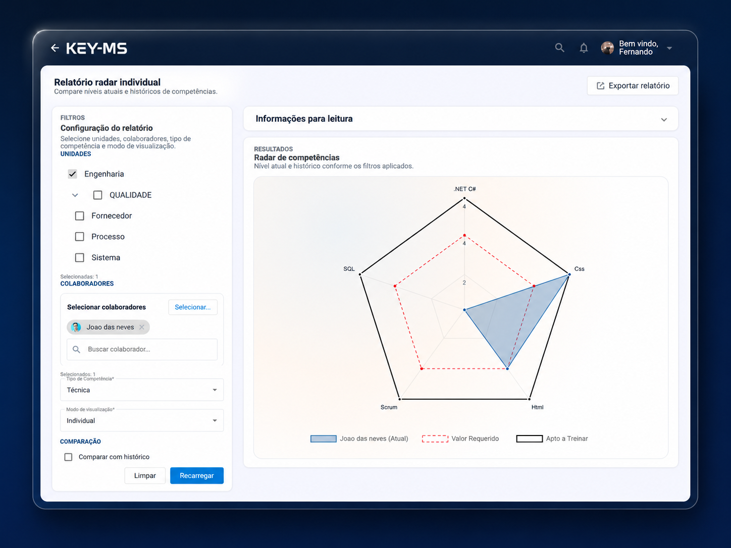 Tela de radar individual de competências